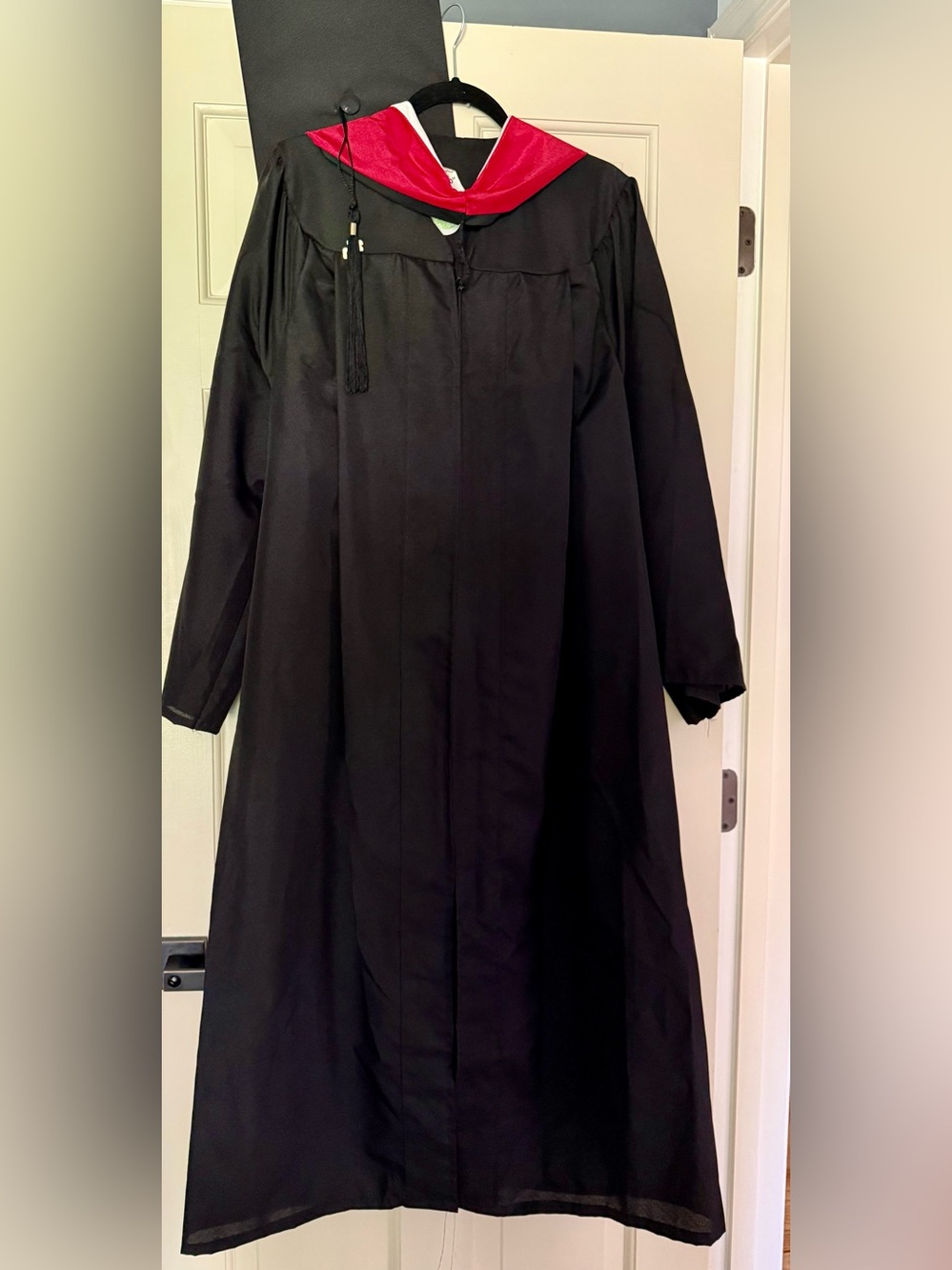 Black Graduation Gown with Red Hood and Tassel